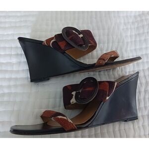 Stuart Weitzman Mule Wedge Open Toe Sandals Bucko Chocolate O'Keefe Linen‎ 8.5 M